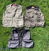 3x Fishing Waist Coats Vests Gilet, all size L - to include a grey Daiwa wilderness vest, a green