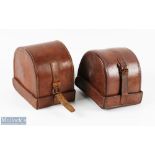 A pair of 'D' block leather reel cases comprising: 1x 4 1/4" x 3 1/4" with green lining, strap and