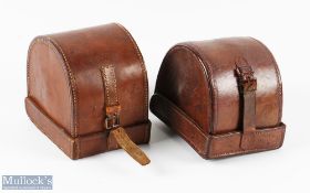 A pair of 'D' block leather reel cases comprising: 1x 4 1/4" x 3 1/4" with green lining, strap and
