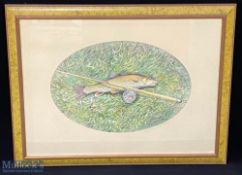 1992 Robin Armstrong original watercolour Art Picture, cane rod and a caught Barbel, mounted and