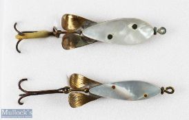 A pair of Lemax Switzerland mother of pearl over brass body brass fins stamped with maker's