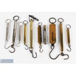 A collection of spring scales in brass and chrome ranging from 4lb to 50lb, 9 in total with one