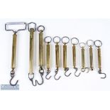 A collection of 9 Salter brass spring balance scales and one A Siere London brass scales, ranging