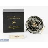 JW Young 'BJ' Bob James 4.5" 2080 centre pin reel 'BJ1383' stamped internally, twin handle,