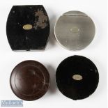 A collection of Hardy Bros cast tins: one round black japanned tin with flies; one black japanned