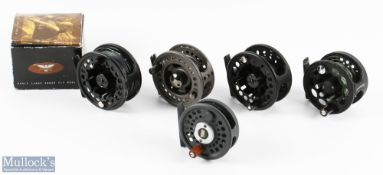 A collection of 5 modern fly reels, made up of: Fenwick Eagle large Arbor 7/8 reel, twin screw