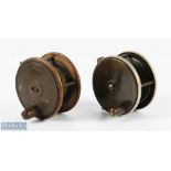 2x Brass and Ebonite plate wind reels - J Long, Fermoy 3 1/2" reel with horn handle and nickel rims,