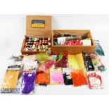 Wooden wine case containing over 40 packs of fly tying material, mainly feathers by Veriard,