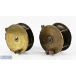 2x Irish Brass plate wind reels - M Rogan & Sons, Ballyshannon 4" reel, script makers marks to