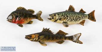 3x hand carved fishing decoy lapel badges