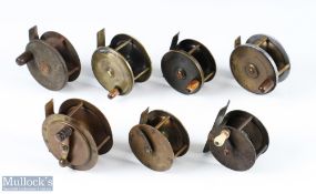7x small brass reels, made up of: 4x plate wind, all original and complete and turning well; 3x