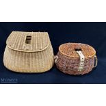 Large Willow pot bellied creel with shoulder strap measures 12"x9"x8" together with a French reed