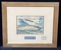 Salmon Fishing Watercolour - original art mounted and framed with 3 flies - has an indistinct