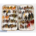 Mallochs Patent black japanned fly tin, 8" x 5", ethafoam in lid and base, with over 90 salmon