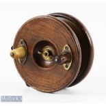 4.5" unnamed 'Roundbacked' brass and wood reel twin handled, on/off check, central wing nut, rear