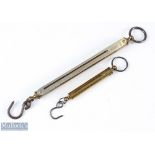 Pair of Hardy Bros brass scales: 50lb brass with nickel silver scale, salmon; 4lb all brass,