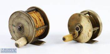 2z J Flint, Dublin brass reels - 2" crank wind reel, shaped handle with ivorine knob, runs smooth