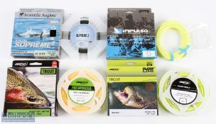 A collection of unused fly lines comprising: Impulse fly line WF7 float, Scientific Anglers Aircel