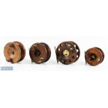 Collection of unnamed wood centre pin reels, comprising - 1x 4 1/2" ported spool with Slater style