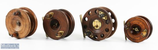 Collection of unnamed wood centre pin reels, comprising - 1x 4 1/2" ported spool with Slater style