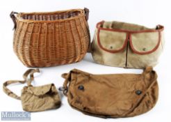 Traditional wicker fishing creel, leather strapping and webbing, hinge and shoulder strap, lid