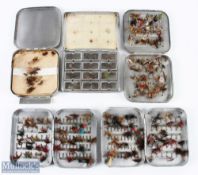 5x Allcocks of Redditch alloy fly tins, two with clips, one with 12x spring windows, two for
