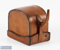C Farlow & Co, 191 The Strand, London, 'D' block leather reel case, 4 1/4" x 3" with red lining,