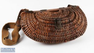 An unusual and rare unnamed shaped wicker creel made on a wood and steel frame, with metal hinges
