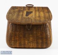 Huntley & Palmers Biscuit Tin in the form of a wicker creel, hinged lid, loops for shoulder strap,