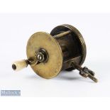 Scarce 19th century J Flint, Dublin 2" brass spike winch reel, bone handle on shaped brass arm,