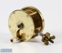 Scarce 19th century J Weekes, Dublin 2 1/4" brass spike winch reel, bone style handle on shaped