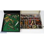Selection of lures, spoons, Devons and spinners in a hinged, lidded container, 10" x 11", over 30,