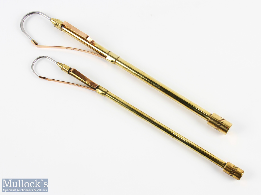 A pair of 2 draw brass gaff/priests, 1x 35" open, 14" closed, heavy weight; 1x 35" open, 14" closed,