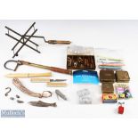 A collection of fishing equipment - 1x unnamed single draw gaff, brass with wood handle; 1x