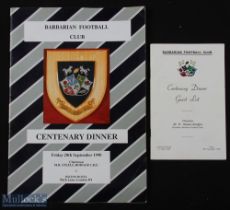 1990 Barbarians Centenary Rugby Dinner Brochure & Guest List (2): Large colourful A4 glossy issue