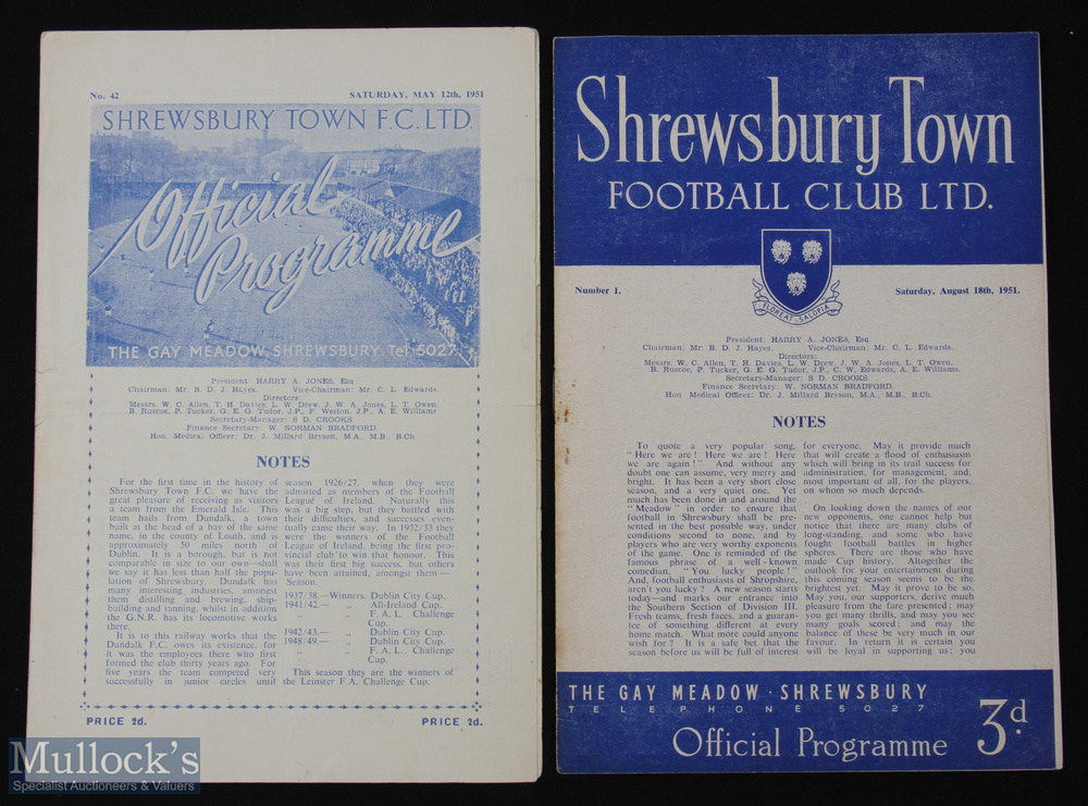 1950/51 Shrewsbury Town v Dundalk FOB football programme 12 May, single sheet, centre fold, together