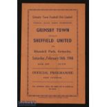 War-time 1945/1946 Grimsby Town v Sheffield Utd War League North 16 February 1946, 4 pager, good for