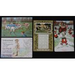 1900s Rugby Cartoon Postcards Selection F (4): Coloured rugby scene; 1908 Calendar/Almanac card sent