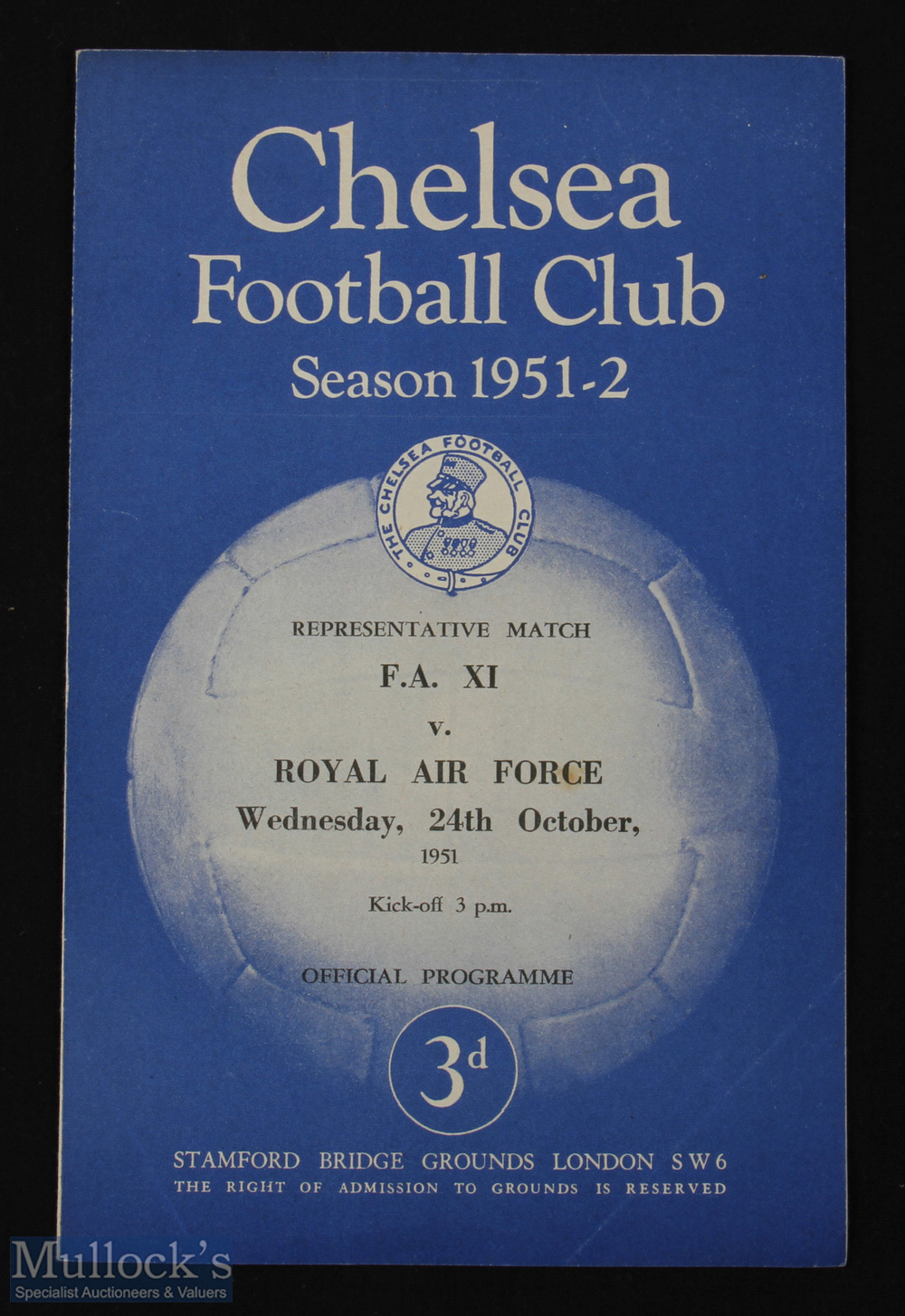 1951/52 FA XI v RAF football programme at Chelsea 24 Oct single sheet, G overall