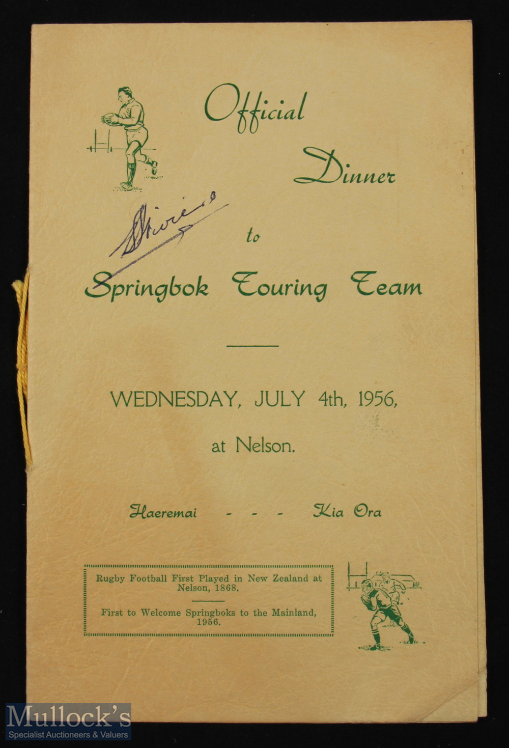 1956 S Africa in New Zealand Rugby Menu: Substantial menu with ribbon for the combined XV's game