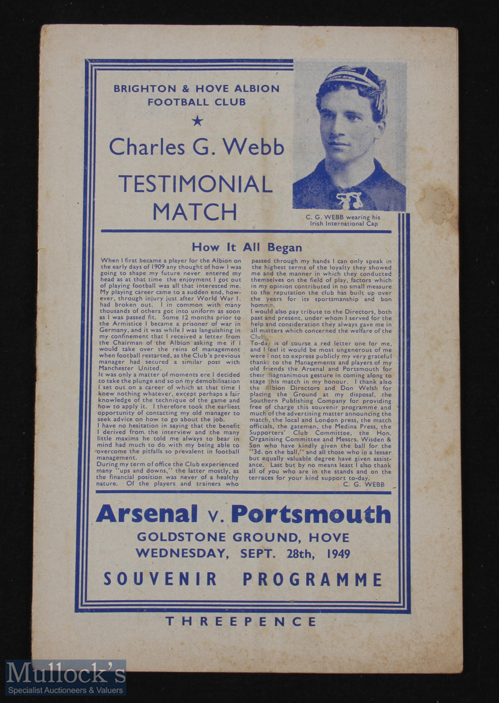 1949/50 at Brighton & Hove Albion; Arsenal v Portsmouth programme 28 September 1949 Charles Webb