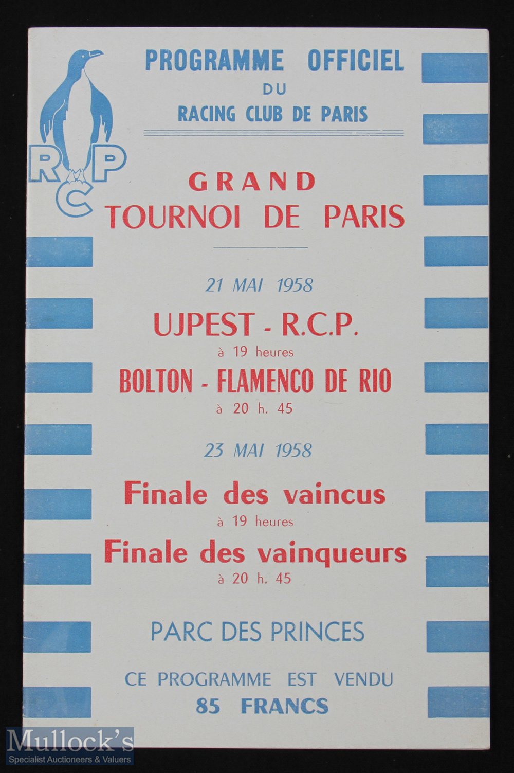 1958 Bolton Wanderers v Flamenco (Brazil) football programme tournament in Paris at Racing Club of