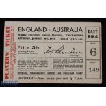 Scarce 1948 England v Australia Rugby Ticket: 5/- East Ring yellow card ticket for the Wallabies'