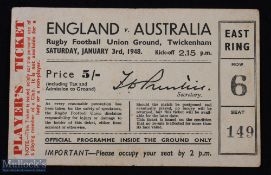 Scarce 1948 England v Australia Rugby Ticket: 5/- East Ring yellow card ticket for the Wallabies'