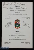 1962 British & I Lions Signed Rugby Menu: Neat A5 foldover illustrated card menu after the 1st