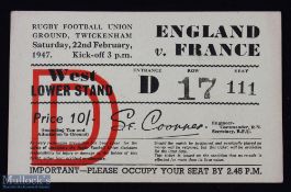 Scarce 1947 England v France Rugby Ticket: Splendid buff card issue for the first official cross-