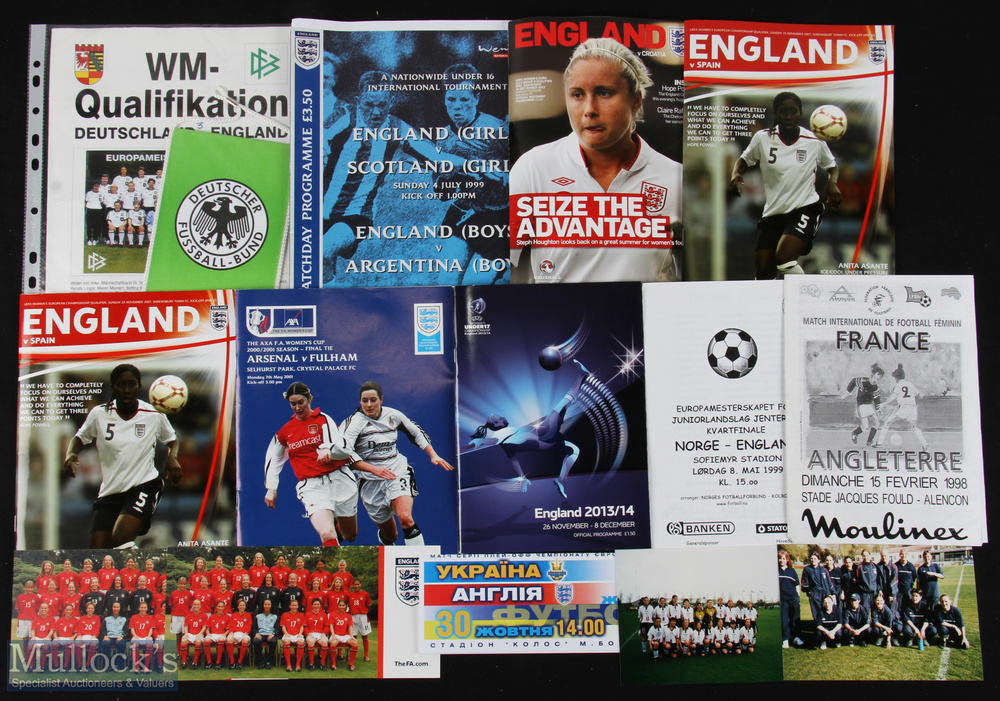 Selection of Women's football programmes to include 1999 England v Scotland (girls) + team sheet,