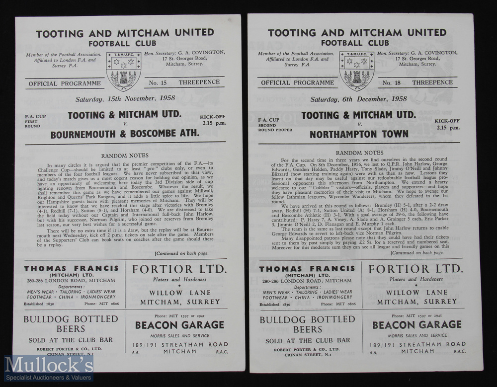 1958/59 Tooting & Mitcham Utd v Northampton Town FAC football programme 6 Dec plus Tooting & Mitcham