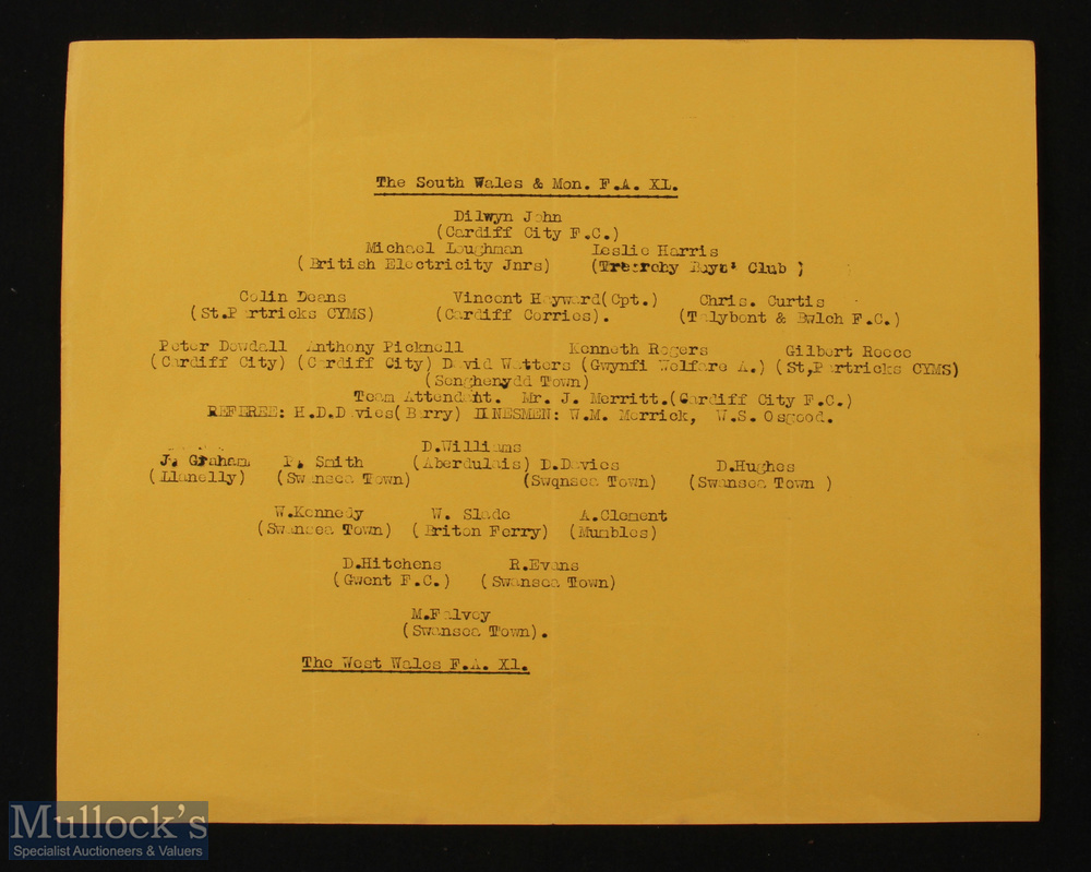 1959 South Wales & Mon FA v West Wales FA XI football programme single sheet, undated