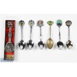 Rugby etc Spoons Selection (7): Six silver metal teaspoons about 5" long, most with coloured